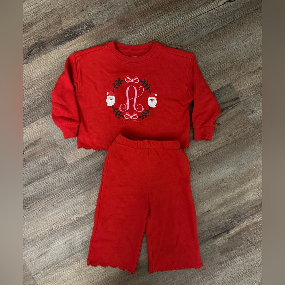 2T Amazon Essentials Red Oversized Sweatsuit w/ Custom “A” Christmas Embroidery